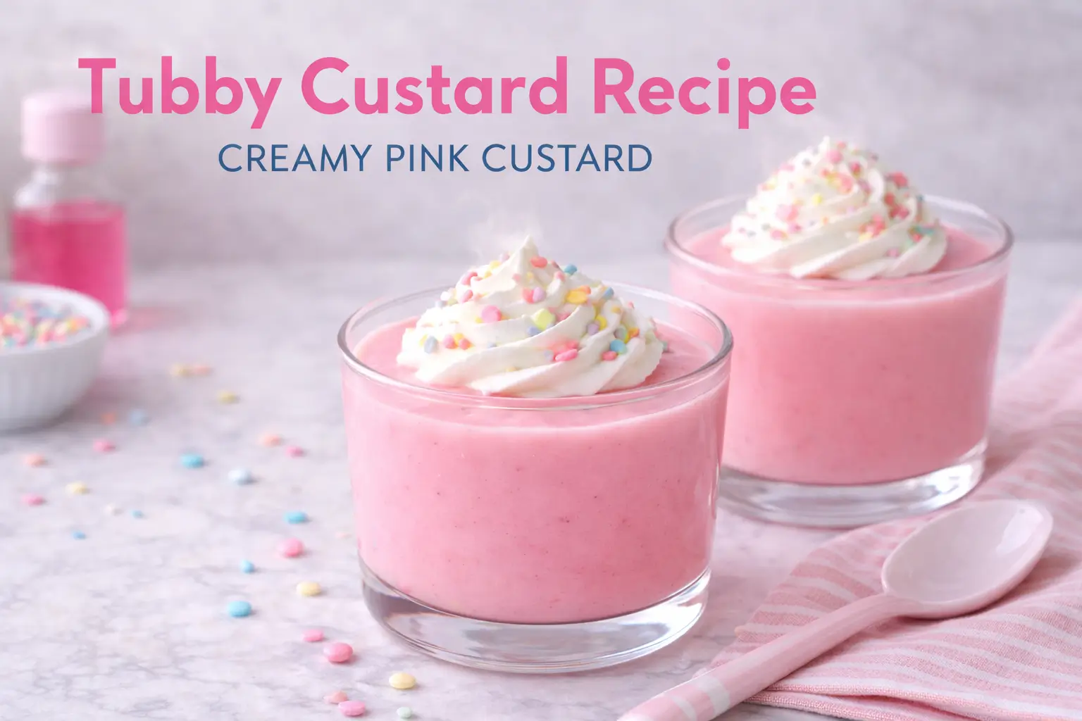 Tubby custard recipe easy pink custard dessert with whipped cream and sprinkles