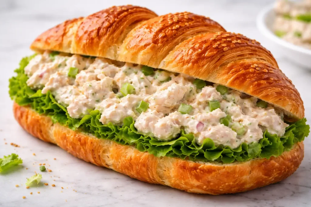creamy chicken salad croissant sandwich with shredded chicken celery mayo close up