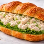 creamy chicken salad croissant sandwich with shredded chicken celery mayo close up