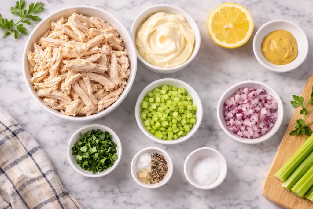 chicken salad ingredients chicken mayonnaise celery onion lemon parsley arranged on marble