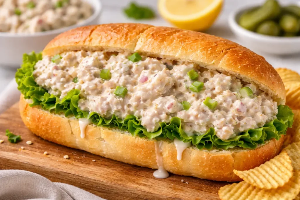 creamy chicken salad sandwich with lettuce served with chips and pickles close up