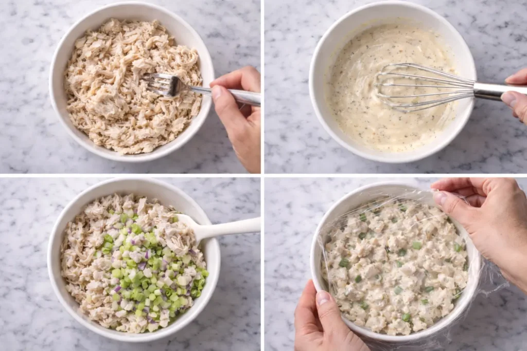 chicken salad preparation steps shredding chicken mixing dressing combining ingredients chilling
