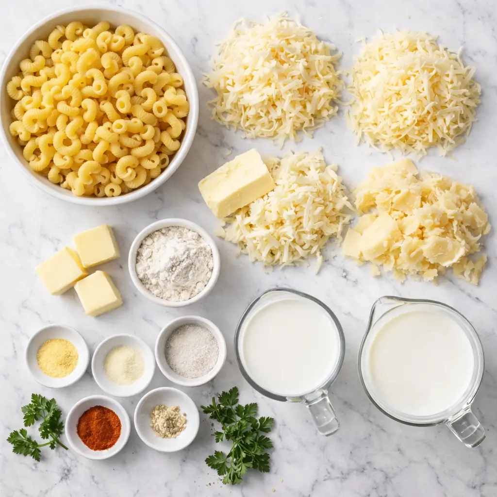 ingredients for yard house mac and cheese recipe with cavatappi pasta fontina cheddar gruyere milk cream butter and spices