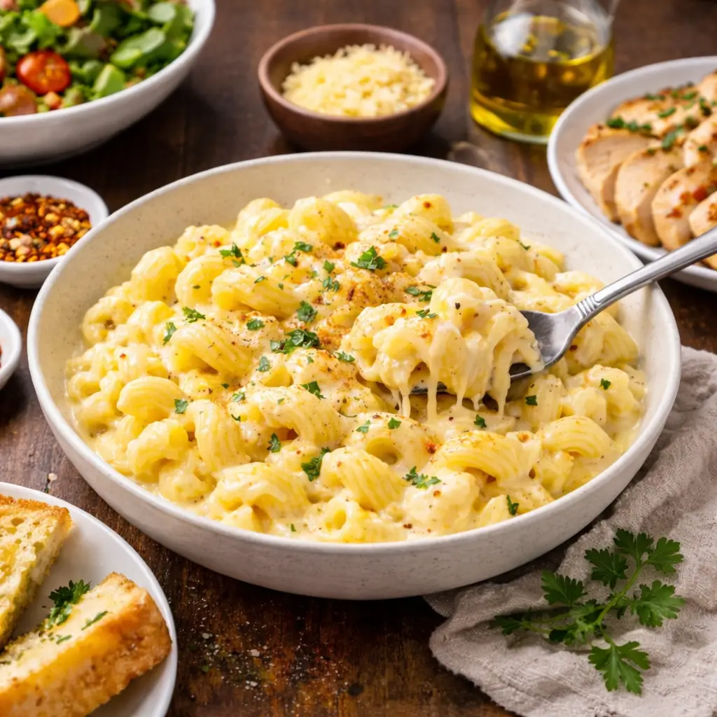yard house mac and cheese served with garlic bread grilled chicken and fresh salad