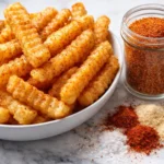 Crispy crinkle cut fries coated with homemade Zaxby’s fry seasoning on white marble