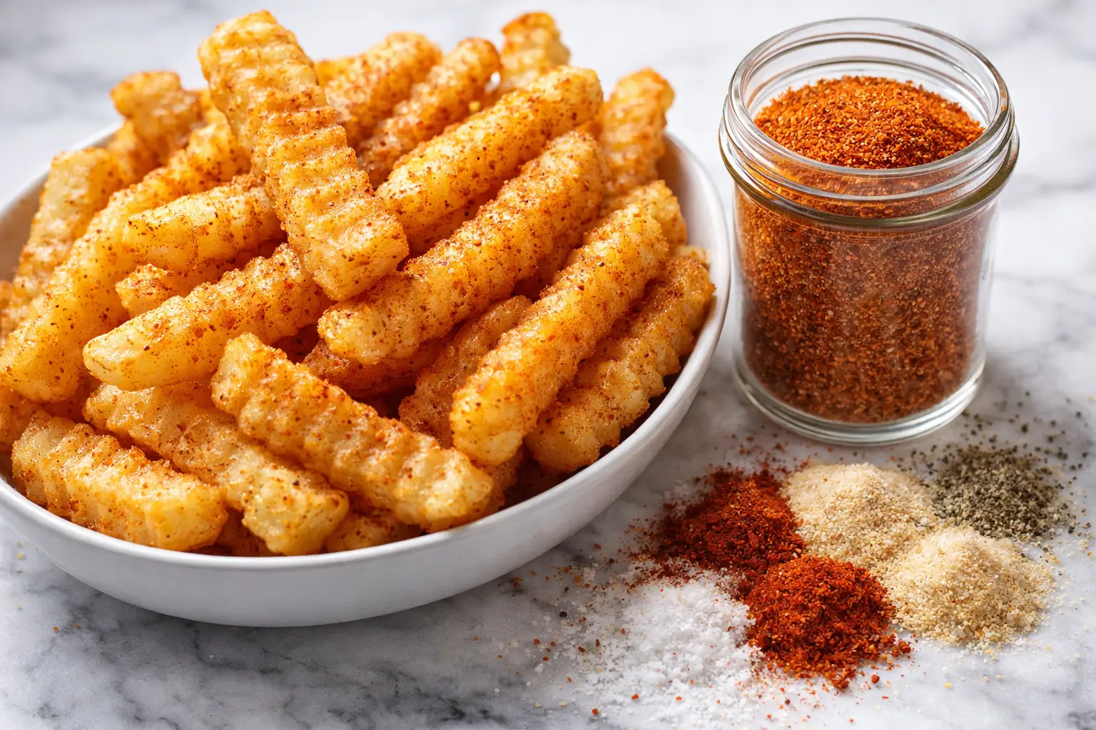 Crispy crinkle cut fries coated with homemade Zaxby’s fry seasoning on white marble