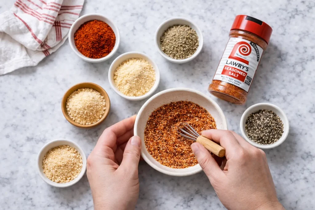 Hands mixing homemade fry seasoning in a bowl with whisk
