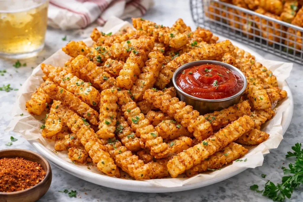 Crispy seasoned fries with dipping sauce on plate