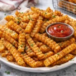 Crispy seasoned fries with dipping sauce on plate