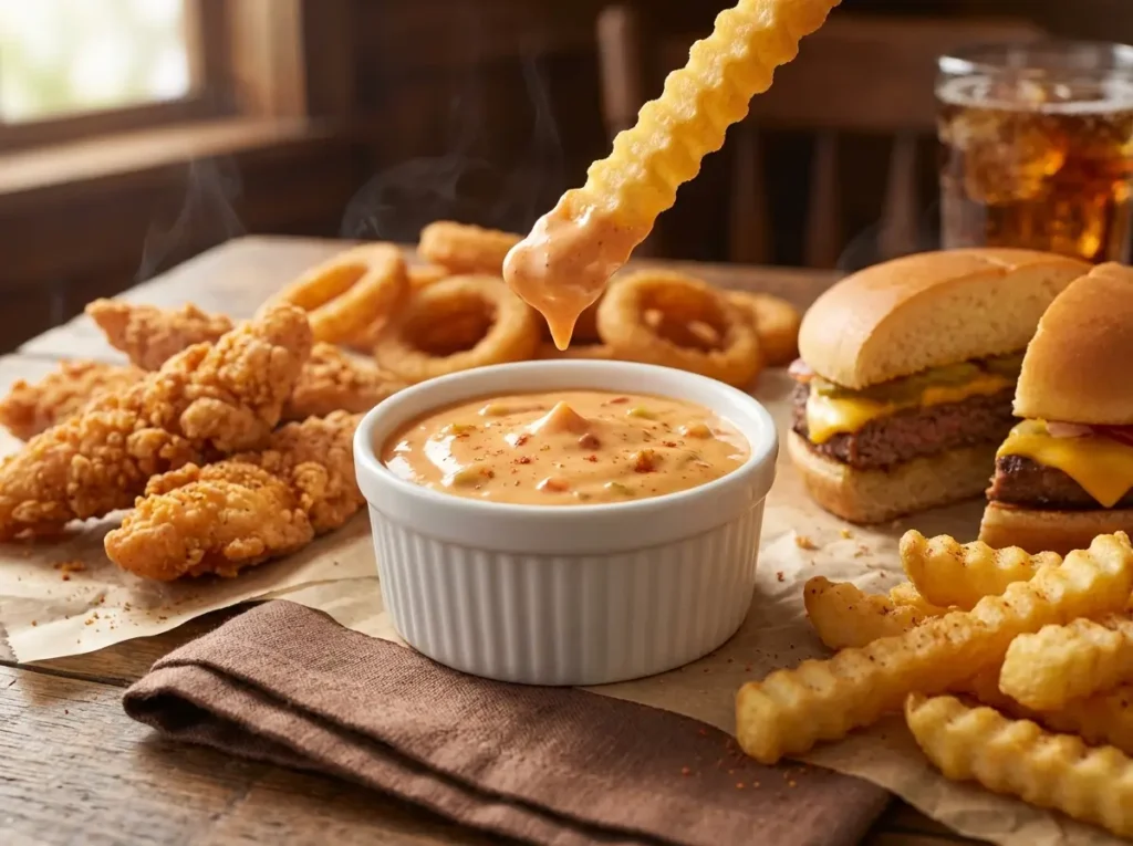 Sonic Groovy Sauce copycat recipe served alongside crinkle fries, onion rings, and a burger