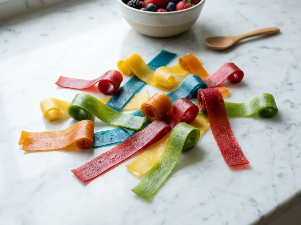 do fruit roll ups have gelatin candy rolls on white marble