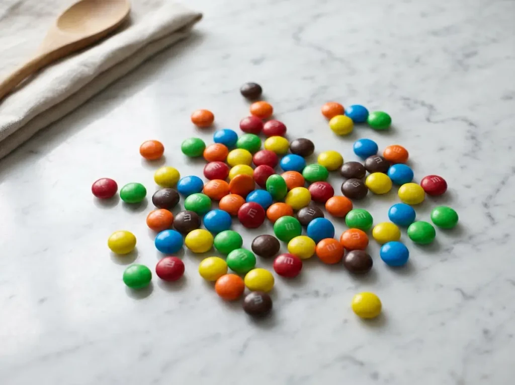 do mms have gelatin colorful candy on white marble