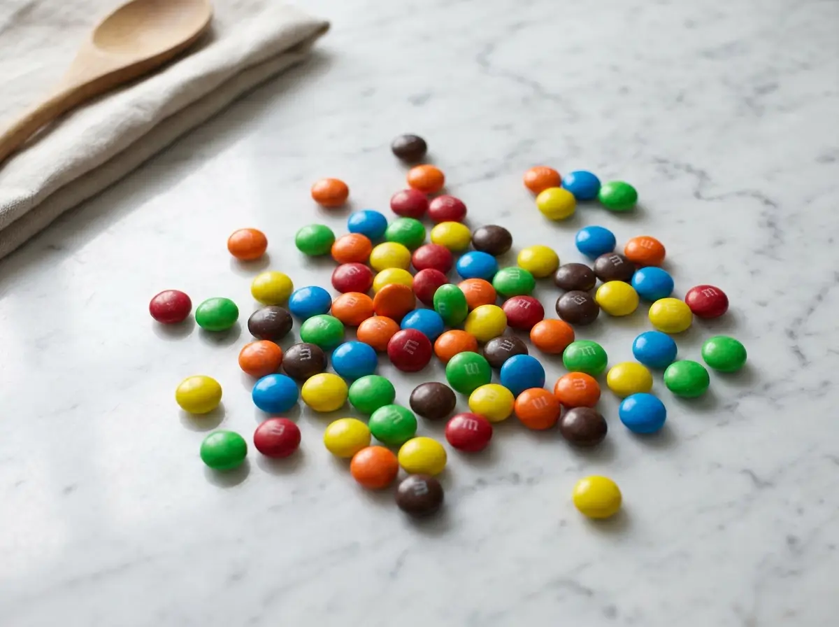 do mms have gelatin colorful candy on white marble