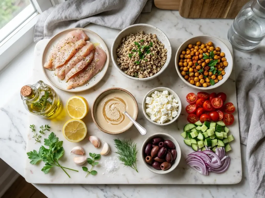 Fresh Mediterranean bowl ingredients including chicken breast, quinoa, chickpeas, cucumber, cherry tomatoes, olives, feta cheese and tahini dressing