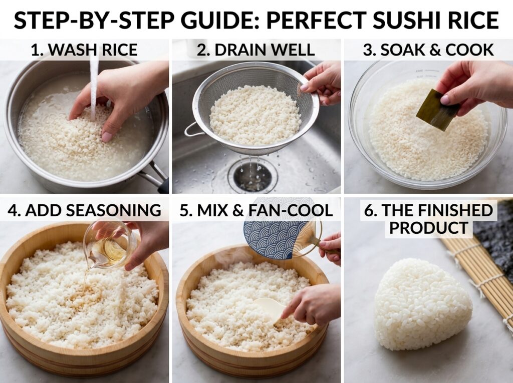 Step-by-step process of rinsing, seasoning, and mixing sushi rice for perfect homemade sushi