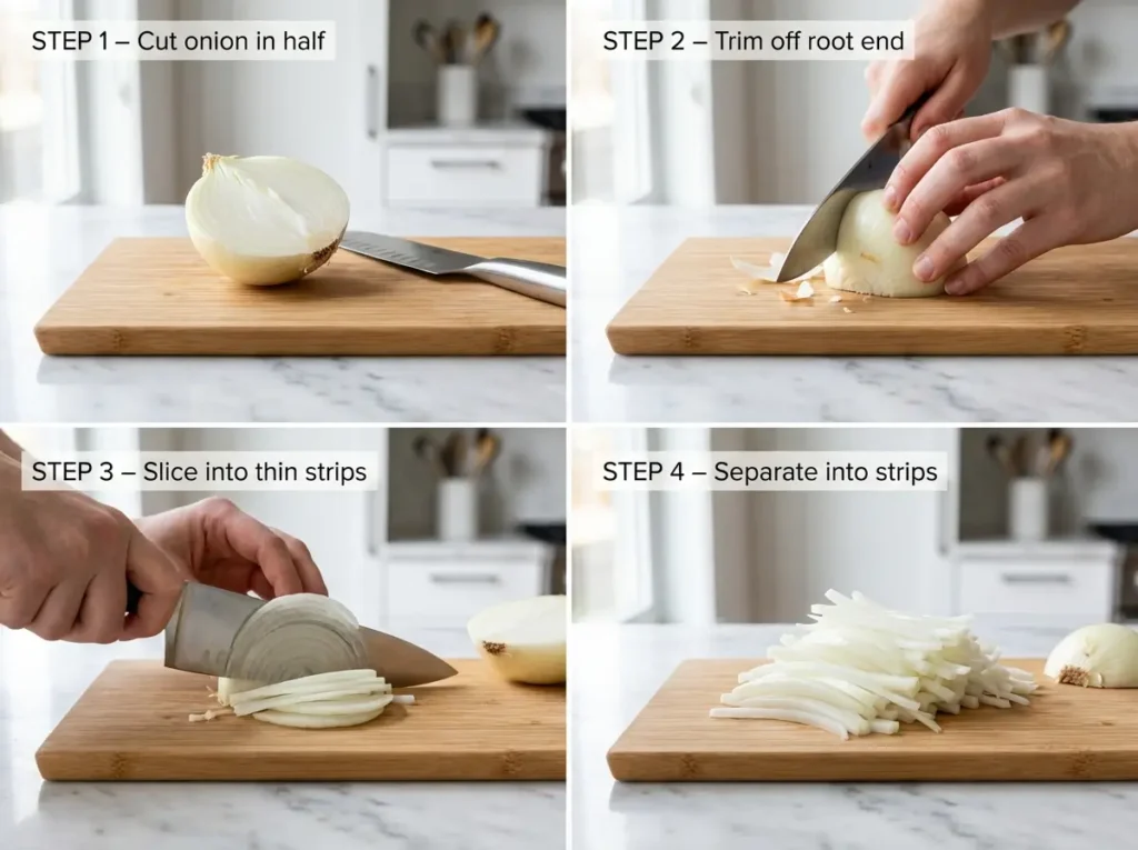 Hands slicing a yellow onion into julienne strips with a chef's knife on a wooden cutting board, with a mandolin nearby