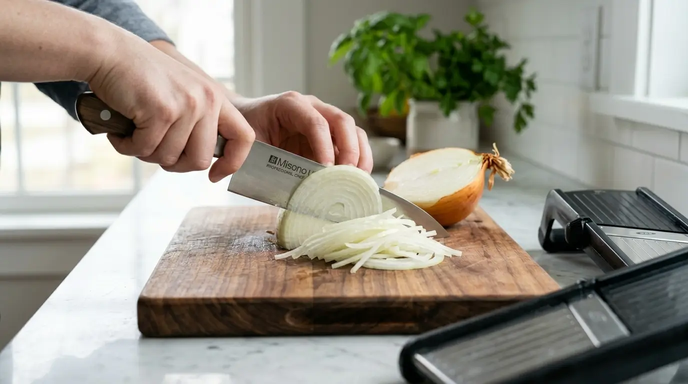 Julienned onion strips on a wooden cutting board with a chef's knife and fresh parsley Title : How to Julienne an Onion