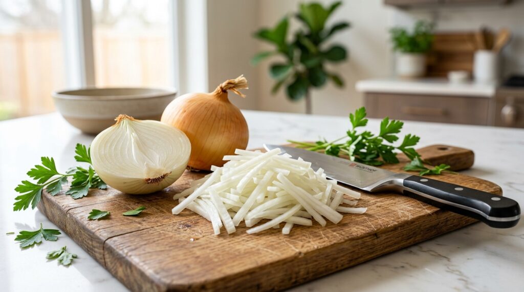 Step-by-step guide to julienning an onion: cut in half, trim root, slice into strips, separate strips
