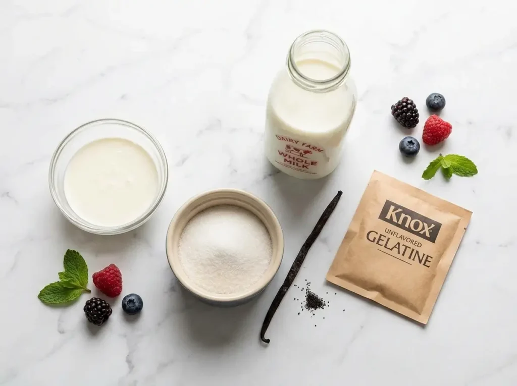 Panna cotta ingredients on white marble surface