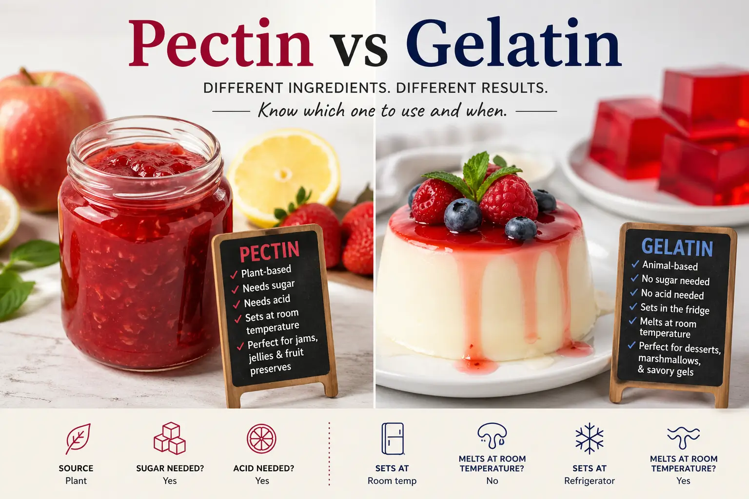 Pectin vs gelatin comparison showing jam and panna cotta with ingredient differences