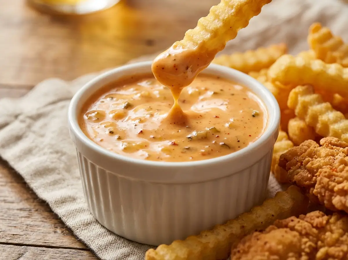 Sonic Groovy Sauce recipe served in a white ramekin with a crinkle-cut fry dipping in
