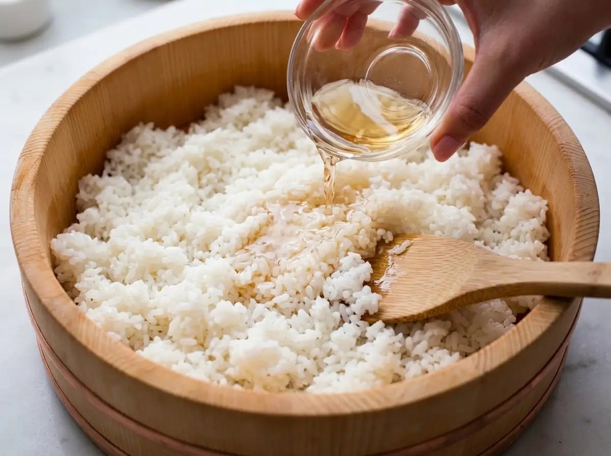 Sushi rice being gently mixed with vinegar in a wooden bowl for a glossy restaurant-style finish
