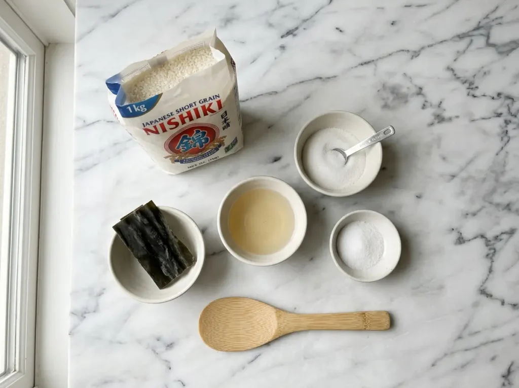 Sushi rice ingredients on white Carrara marble
