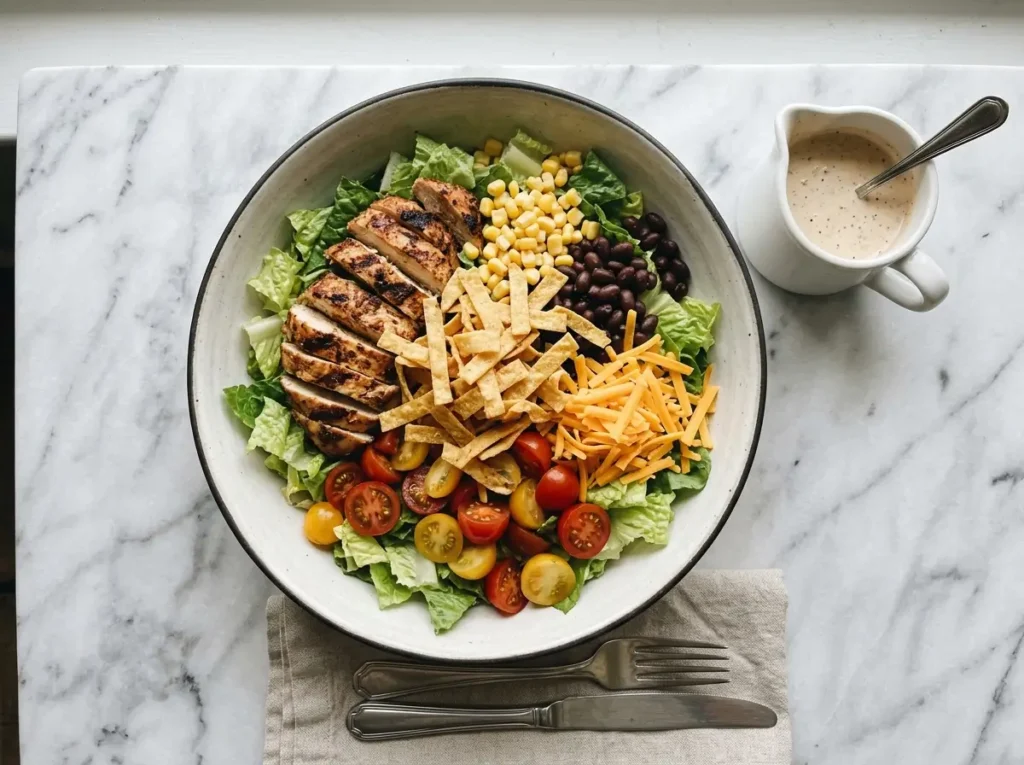 bob evans wildfire salad recipe with grilled chicken corn black beans and bbq ranch dressing on white marble