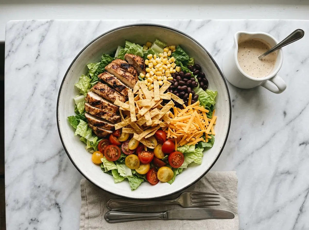 bob evans wildfire salad recipe with grilled chicken corn black beans and bbq ranch dressing on white marble