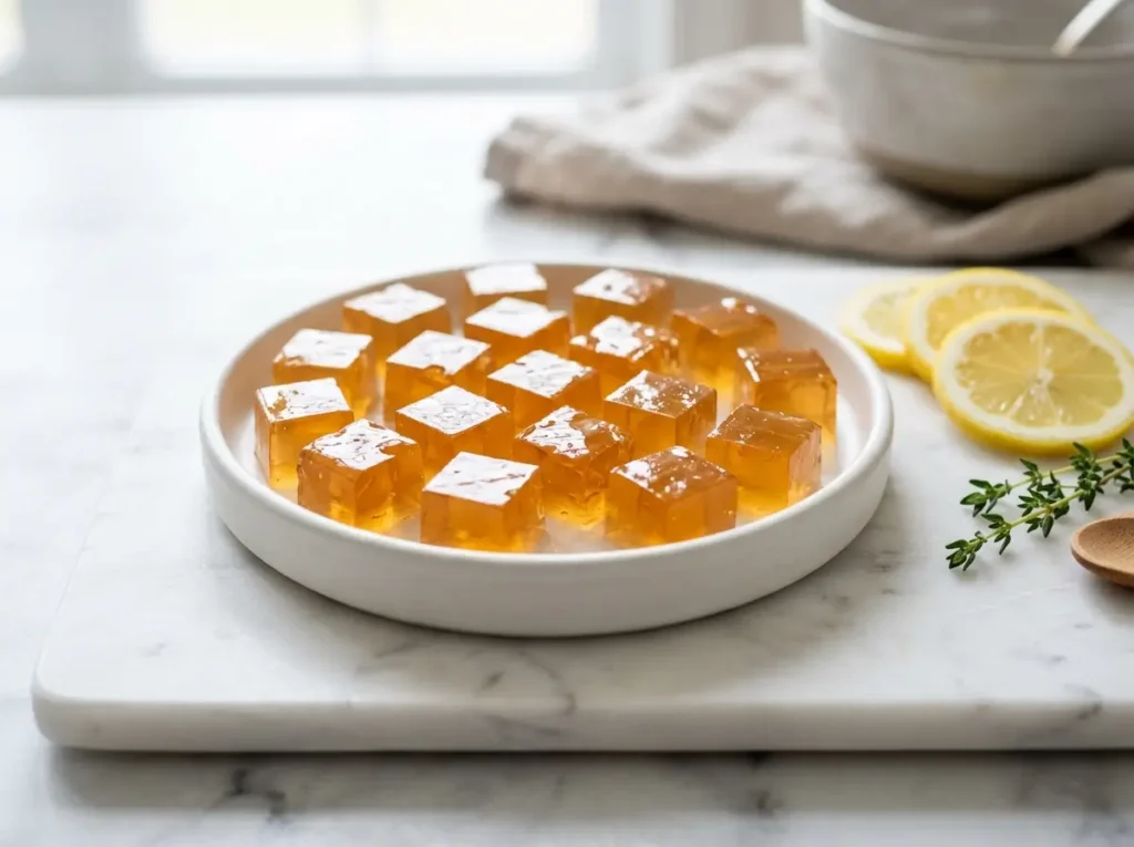 bovine gelatin cubes in white dish on marble — meal prep gelatin trickeekly meal prep