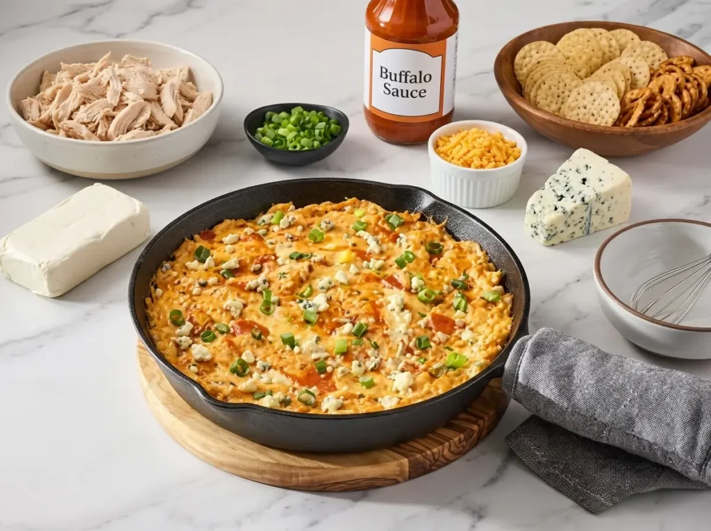 Baked buffalo chicken dip in cast iron skillet bubbly and golden