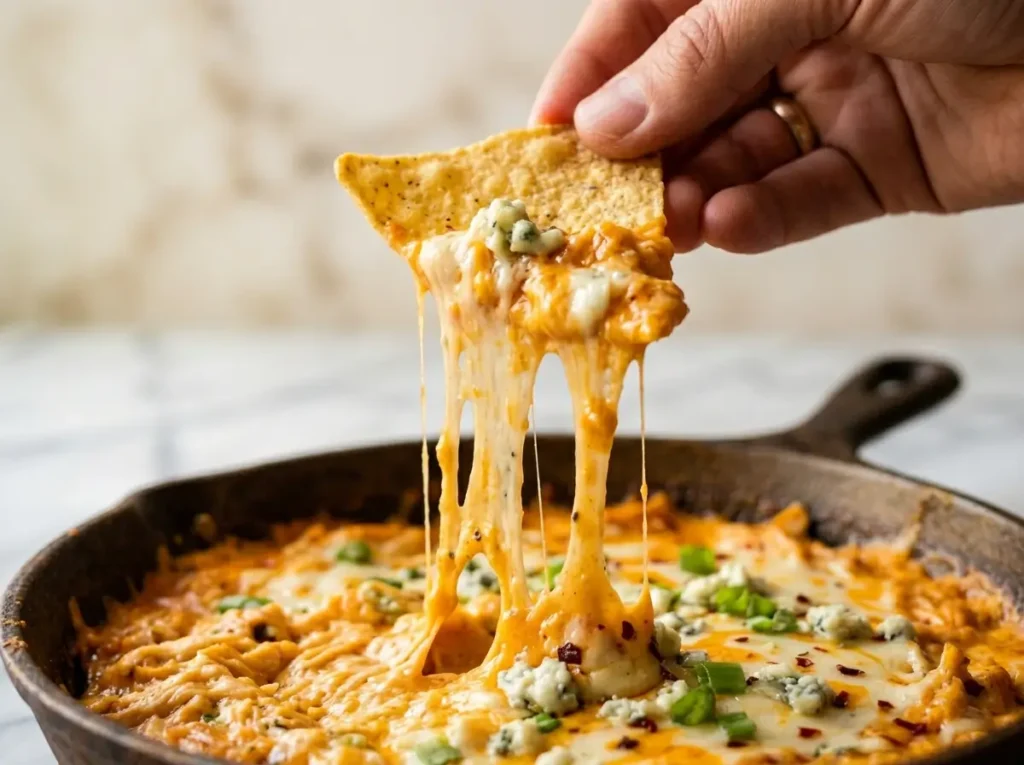 Chip pulling from buffalo chicken dip with cheese stretch