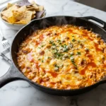 Buffalo Chicken Dip Recipe baked in skillet with melted cheese and green onions