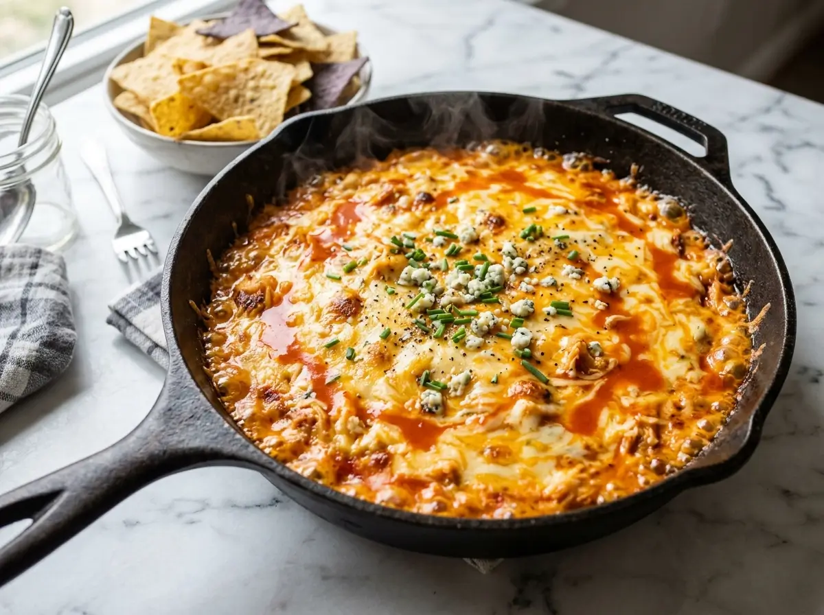 Buffalo Chicken Dip Recipe baked in skillet with melted cheese and green onions