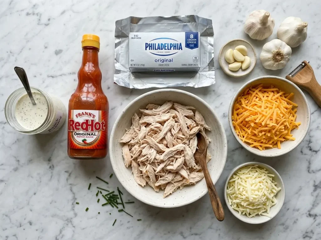 Buffalo chicken dip ingredients on white marble