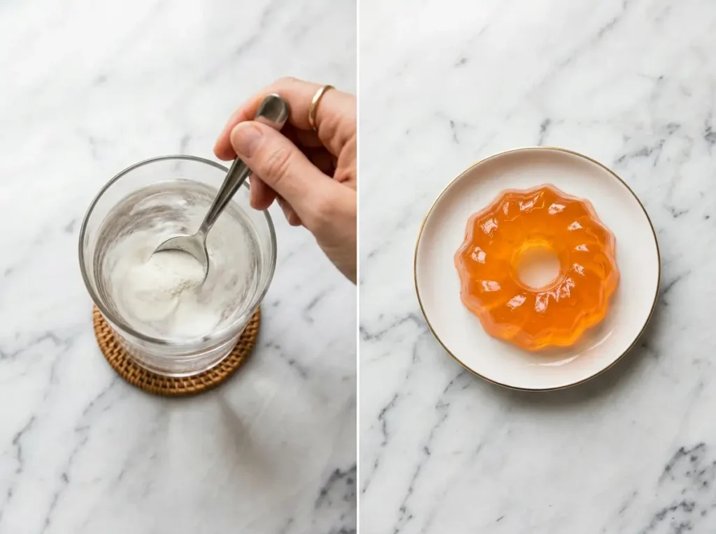 Collagen powder drink and gelatin jello mold side by side