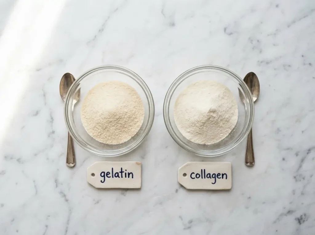 Collagen powder and gelatin powder in small bowls on marble
