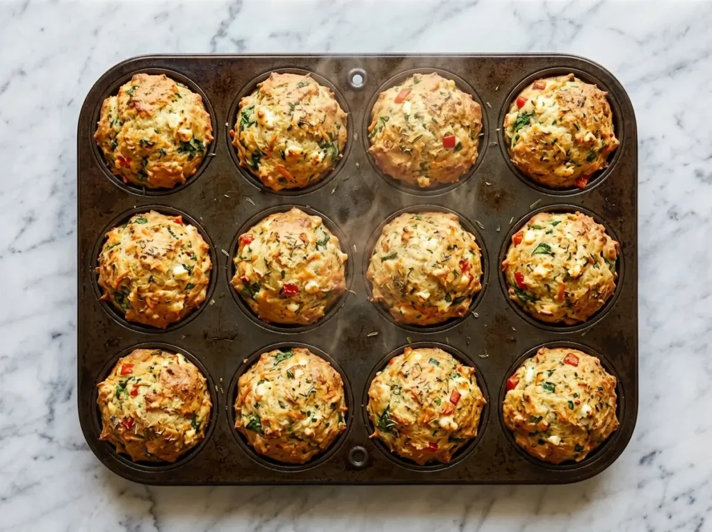 cottage cheese muffin cups in muffin tin golden brown just out of oven