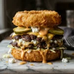 cottage cheese onion ring smash burger stacked with melted cheese on white marble
