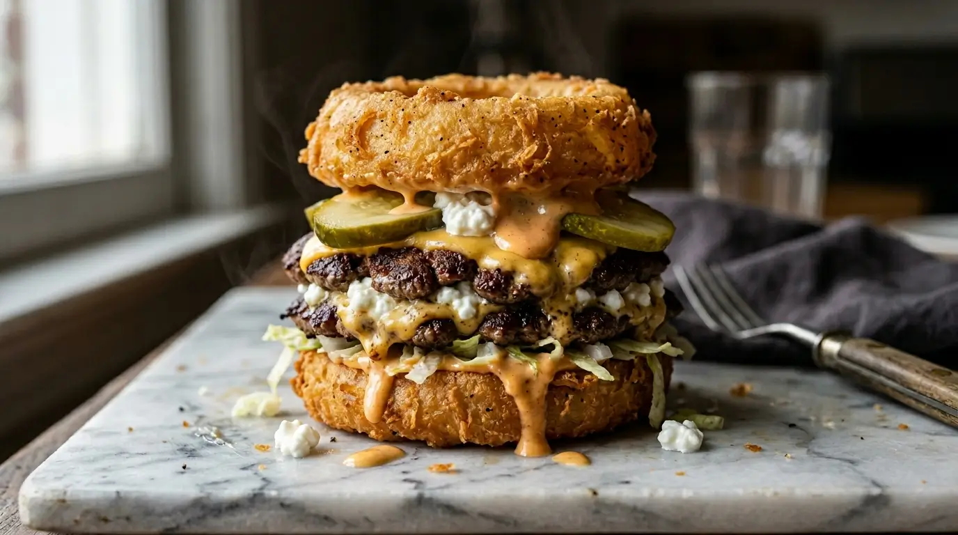 cottage cheese onion ring smash burger stacked with melted cheese on white marble