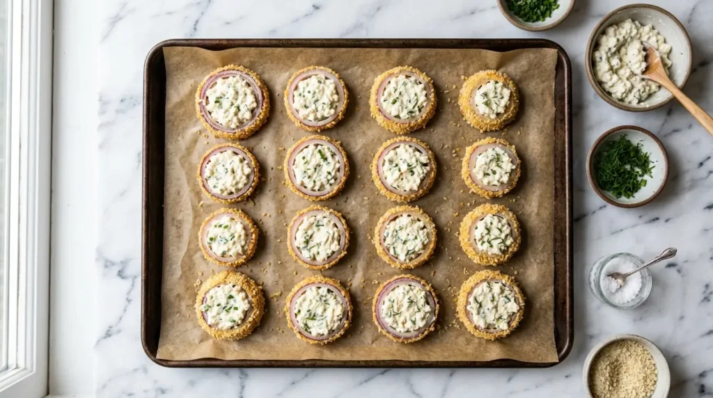 cottage cheese onion rings ready to bake on parchment lined sheet on white marble