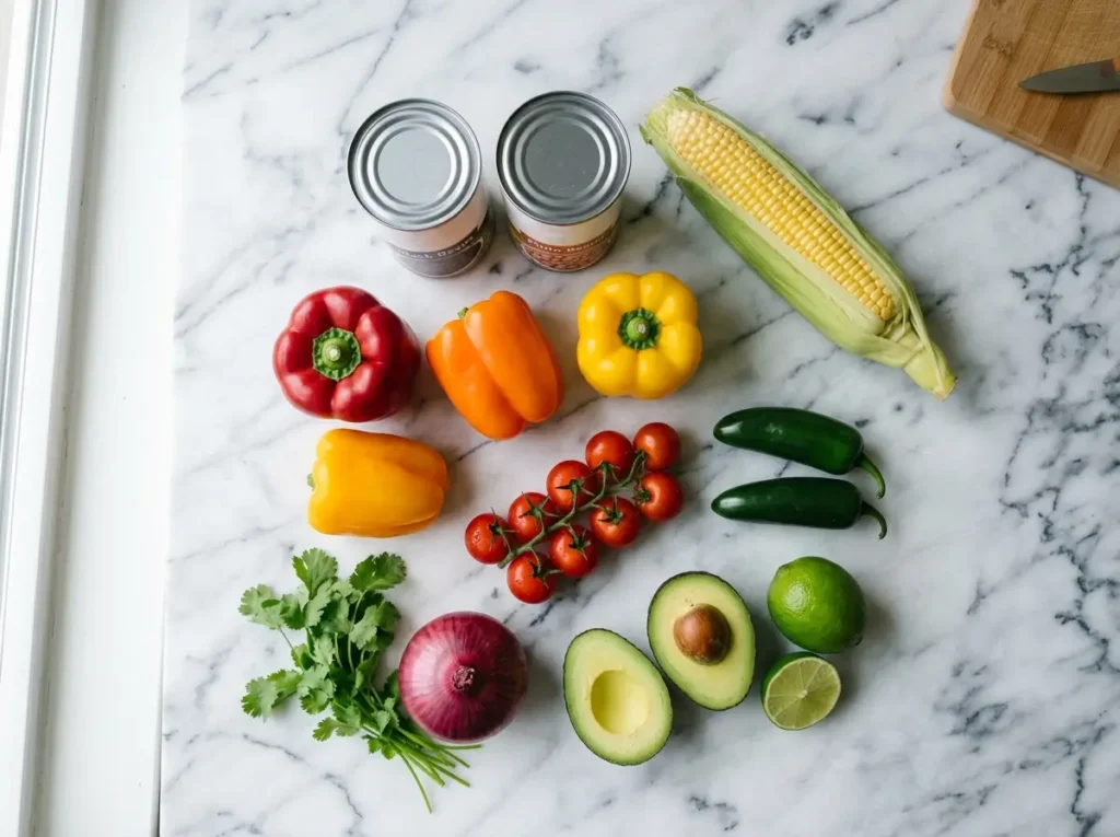 Cowboy caviar ingredients on white marble surface