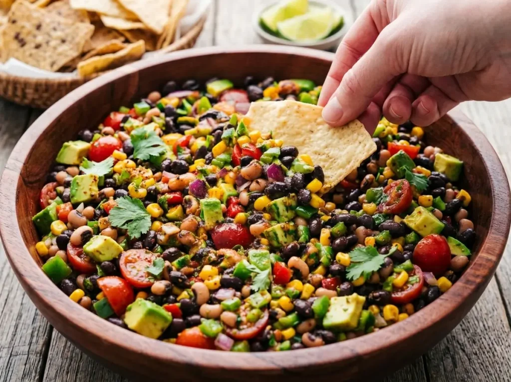 Cowboy caviar recipe with black beans, corn, avocado, tomatoes, and tortilla chip