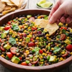 Cowboy caviar recipe with black beans, corn, avocado, tomatoes, and tortilla chip