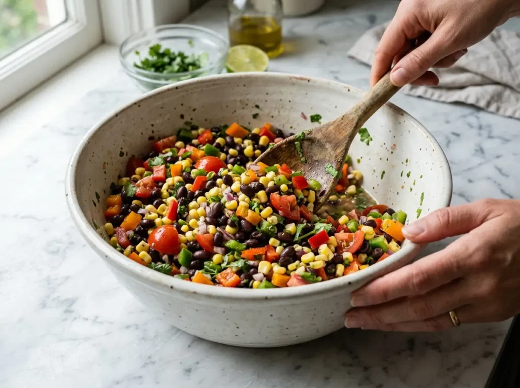 Mixing cowboy caviar in a large white bowl