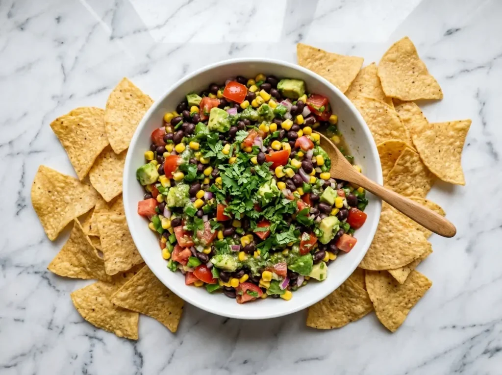 Bowl of cowboy caviar with tortilla chips on marble