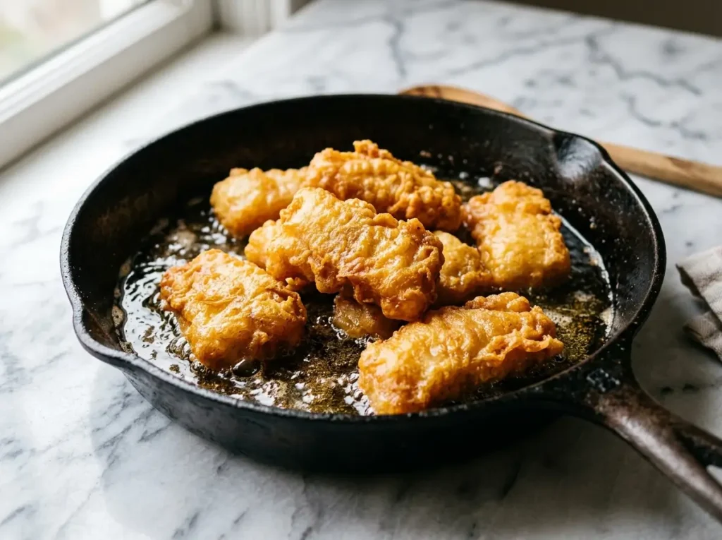 crispy fish for tacos pan frying in cast iron on white marble