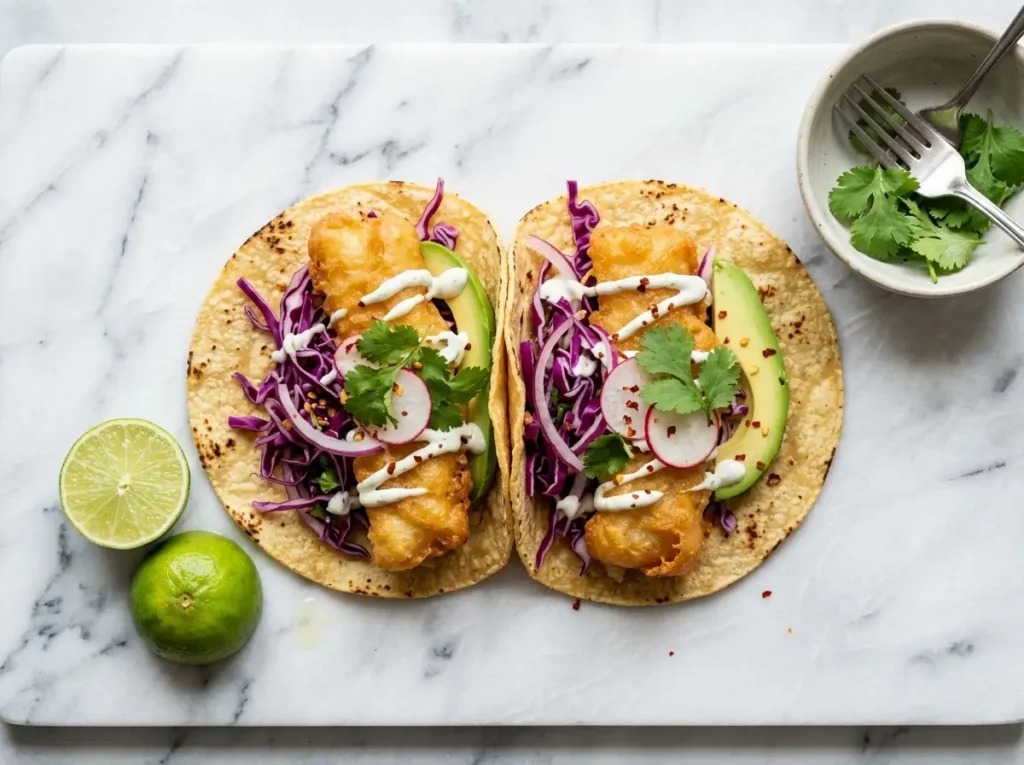 crispy fish tacos recipe with cod lime crema and slaw on white marble