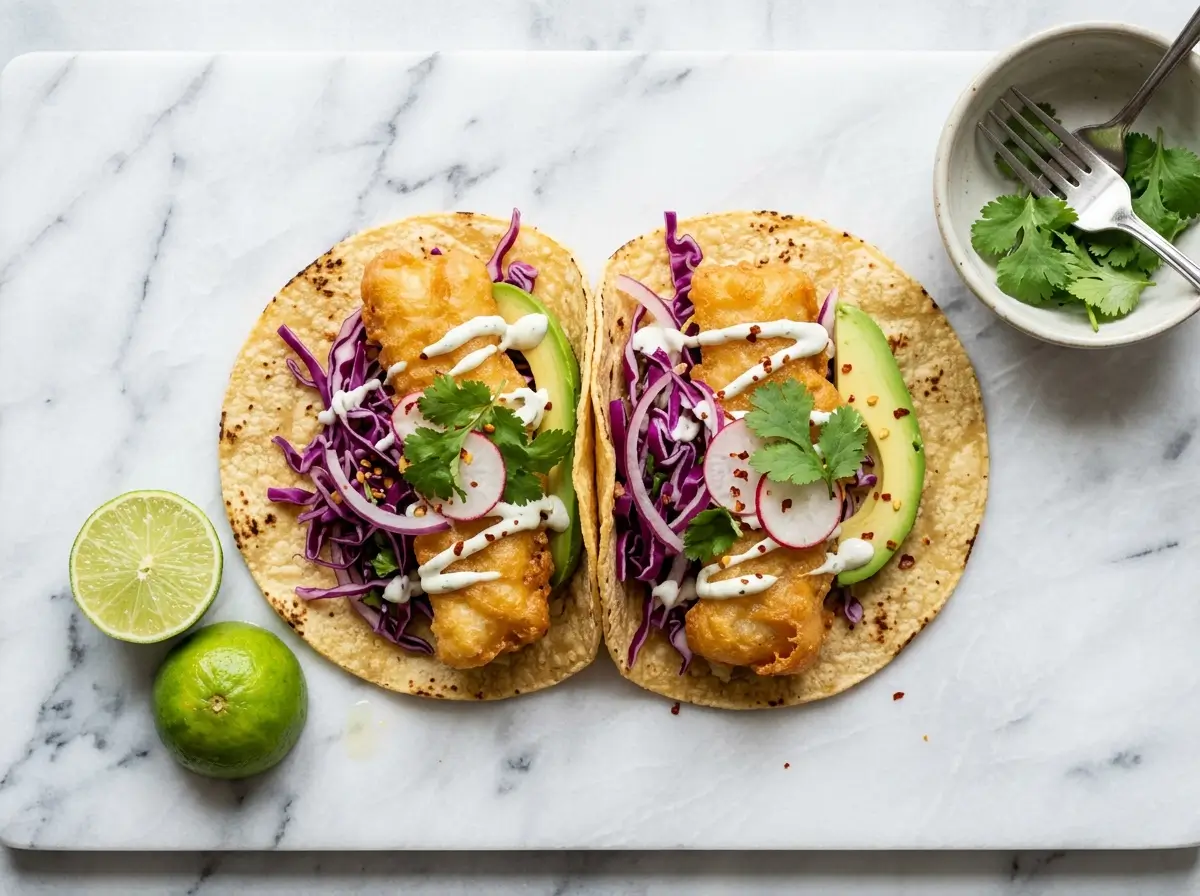 crispy fish tacos recipe with cod lime crema and slaw on white marble