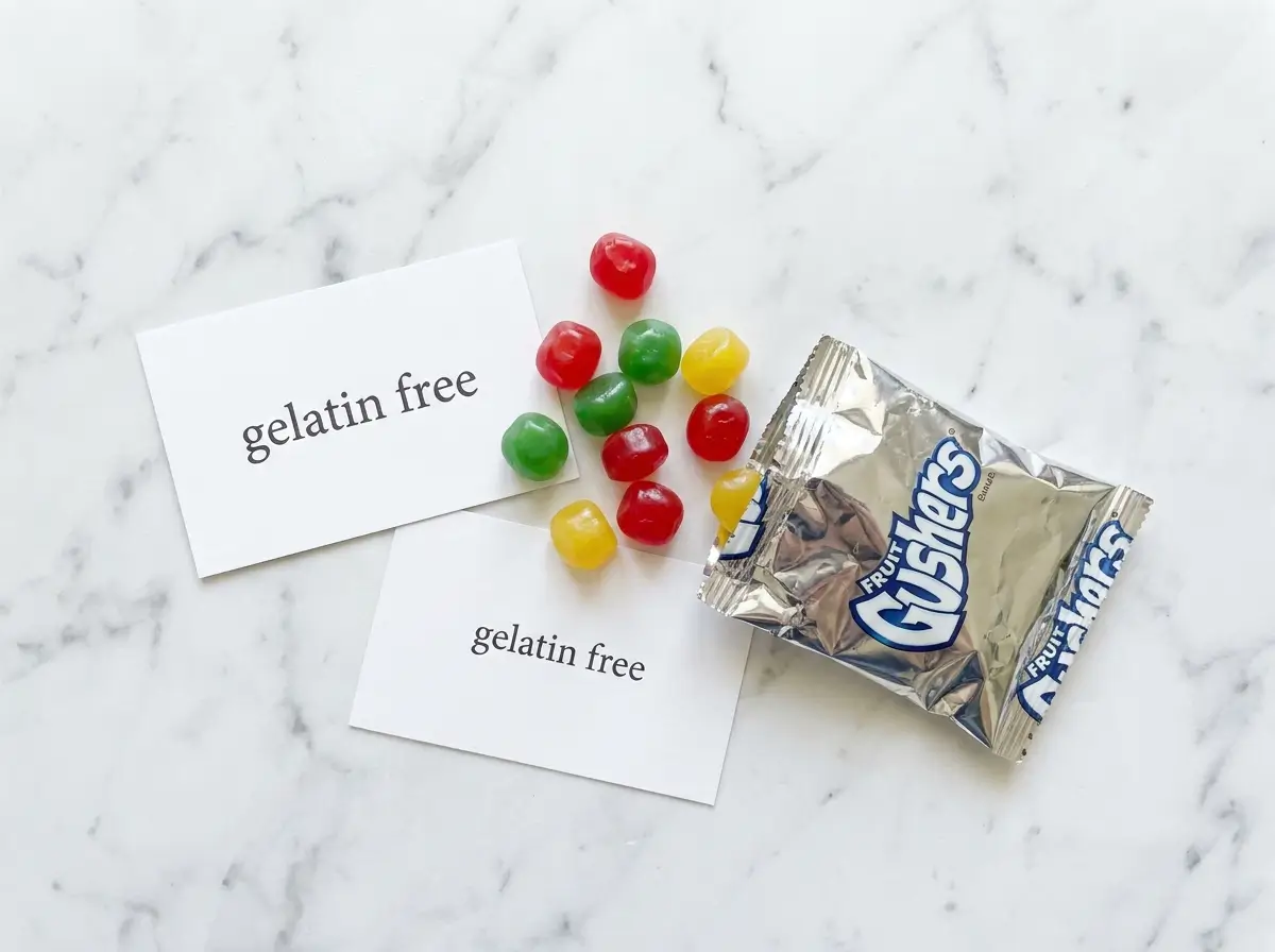 do gushers have gelatin fruit snack pieces on white marble